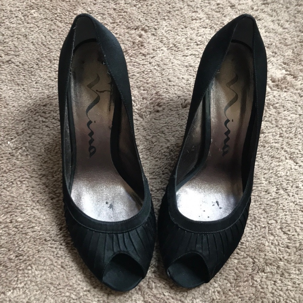 Nina Black Satin Peep Toe Heels